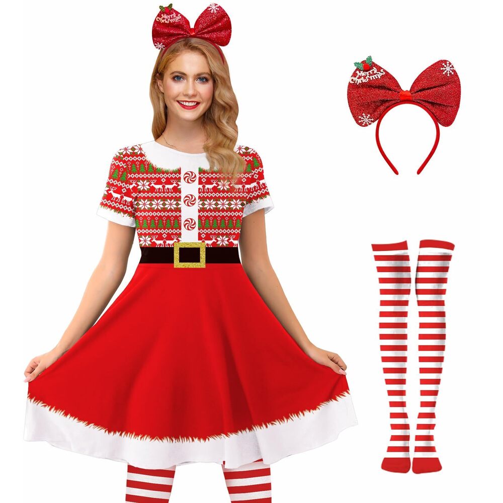 1854 Christmas Cute Party Elf Costume Ugly Graphic Funny Dress Red Sweater